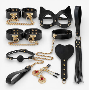 Leather Bondage Set - Black - Complete Leather Restraint Set for Controlled Bondage Play