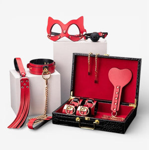 Leather Bondage Set - Red - Adjustable Genuine Leather Bondage Kit for Immersive Bedroom Scenarios