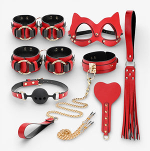 Leather Bondage Set - Red - Adjustable Genuine Leather Bondage Kit for Immersive Bedroom Scenarios