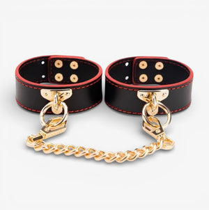 Leather Bondage Set - Black Red - Premium Genuine Leather BDSM Set with Metal Hardware for Couples