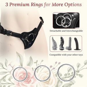 Leather Strap-On Harness - Black - Adjustable Premium Leather Strap-On with Dual O-Rings