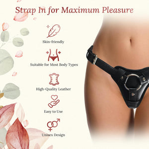 Leather Strap-On Harness - Black - Adjustable Premium Leather Strap-On with Dual O-Rings