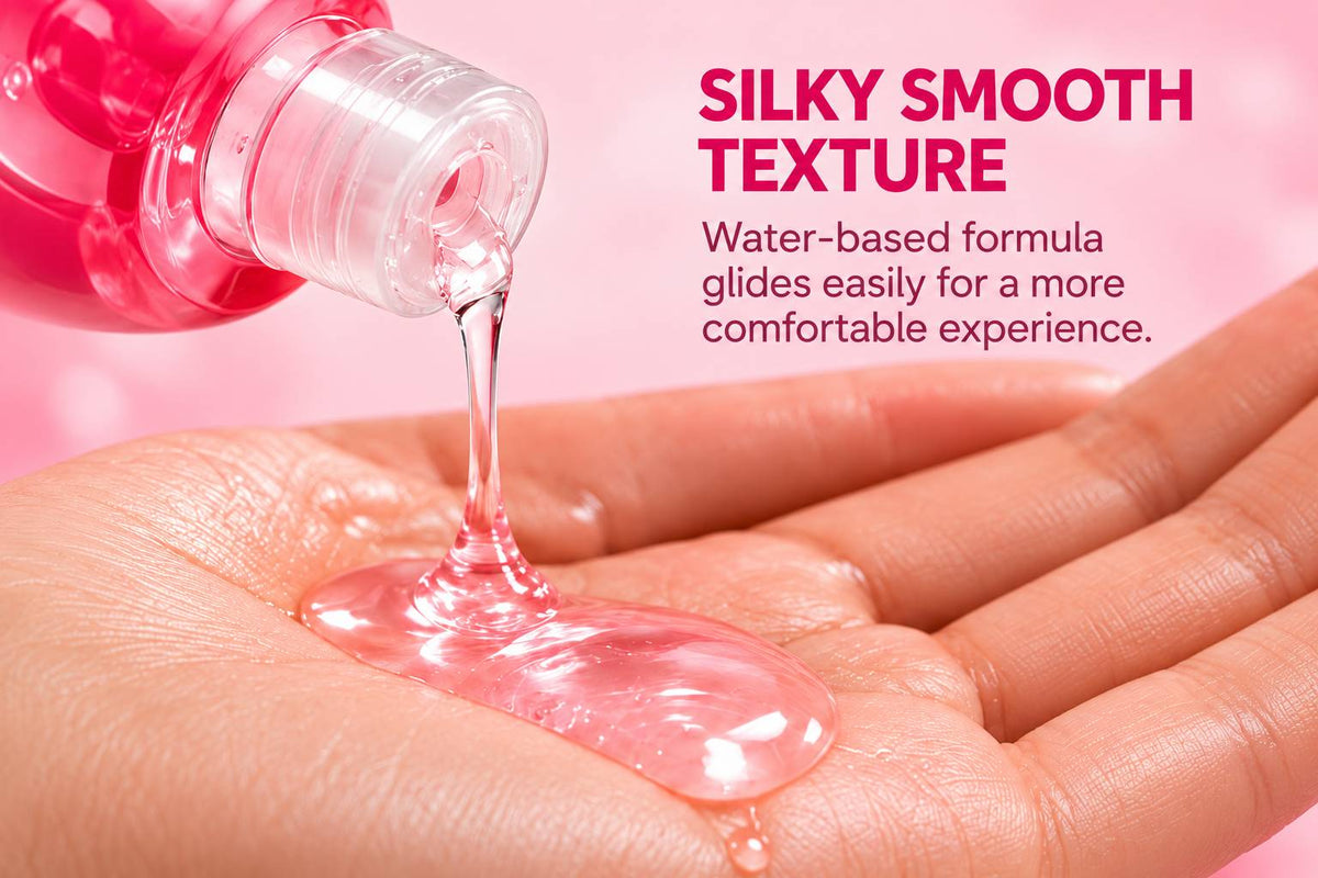 Silky smooth Flavored Water-Based Lube pouring onto hand, non-sticky water-based formula