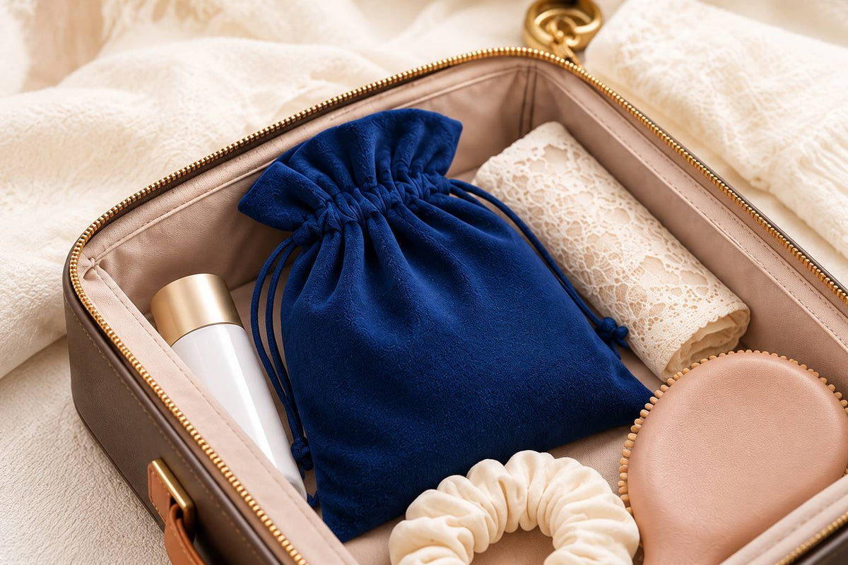 Navy Velvet Toy Pouch packed discreetly in a travel bag with beauty essentials