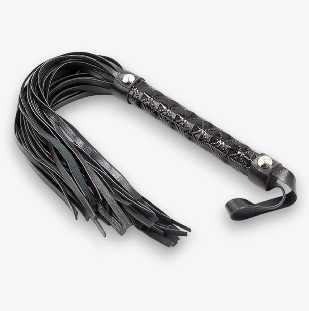 Leather Flogger - Black - Premium Faux Leather BDSM Flogger with Textured Handle