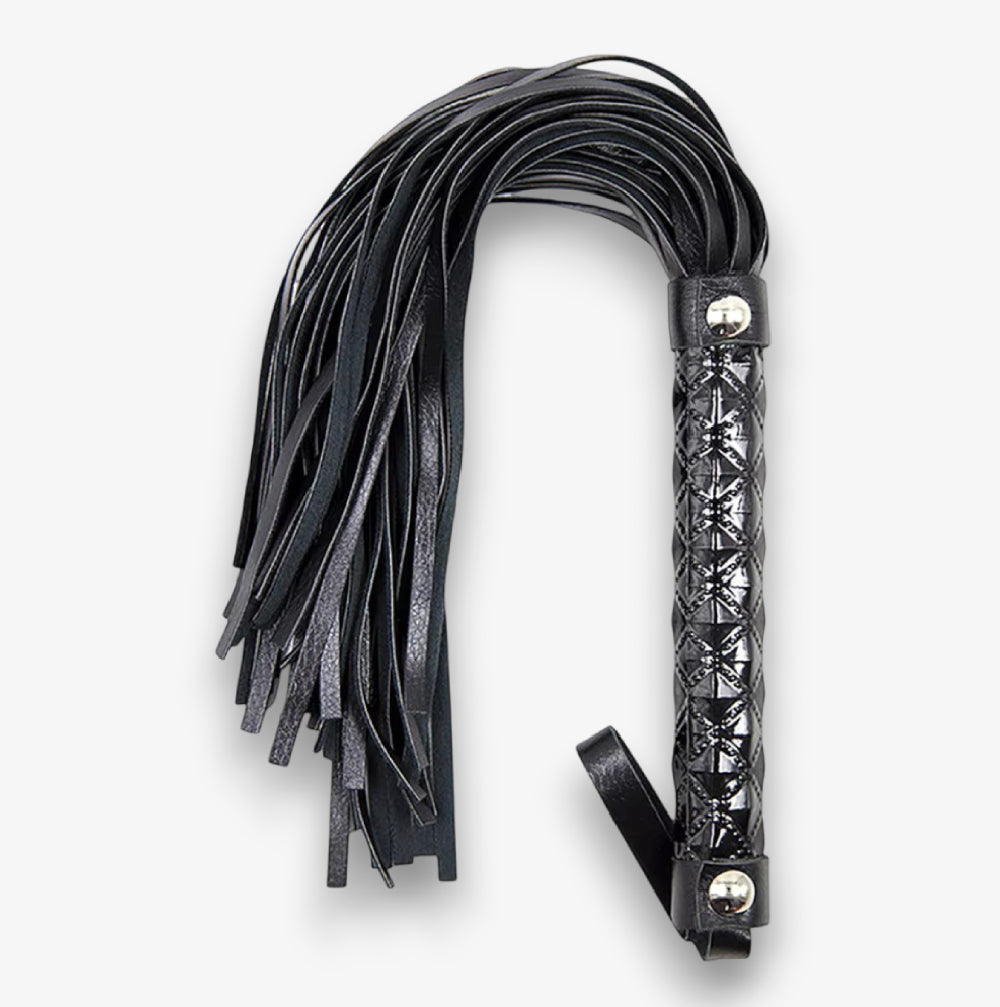 Leather Flogger - Black - Premium Faux Leather BDSM Flogger with Textured Handle