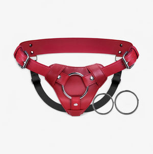 Leather Strap-On Harness - Red - Premium Leather Strap-On Harness with Quick-Snap Ring System