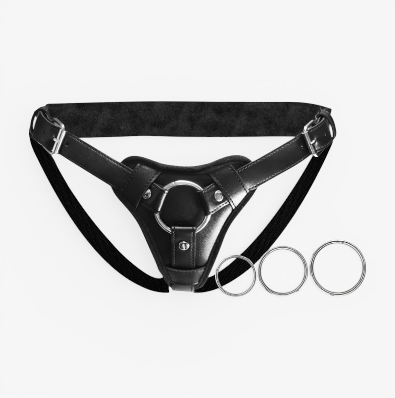 Leather Strap-On Harness - Black - Adjustable Premium Leather Strap-On with Dual O-Rings