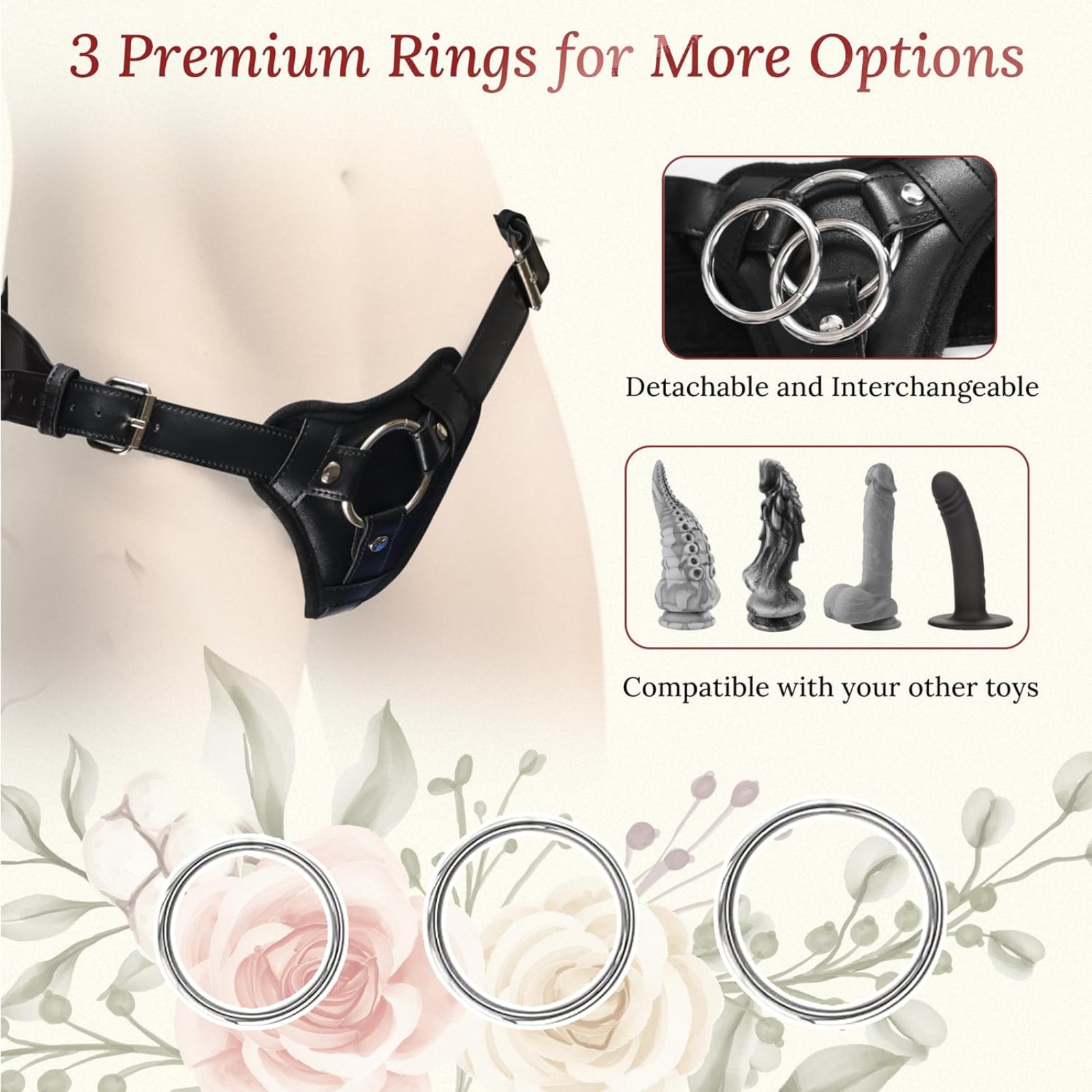 Leather Strap-On Harness - Black - Adjustable Premium Leather Strap-On with Dual O-Rings