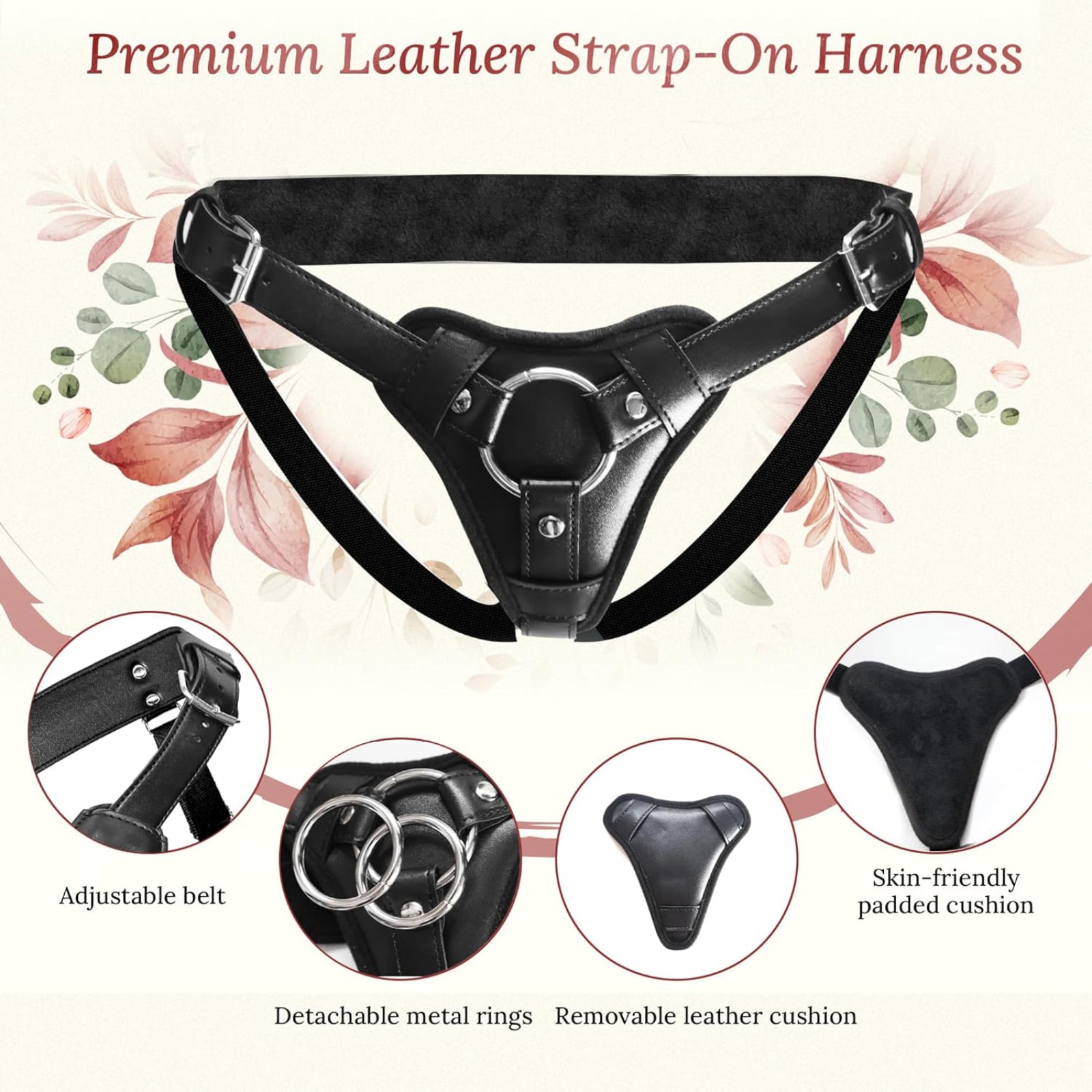 Leather Strap-On Harness - Black - Adjustable Premium Leather Strap-On with Dual O-Rings
