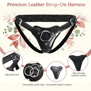 Leather Strap-On Harness - Black - Adjustable Premium Leather Strap-On with Dual O-Rings