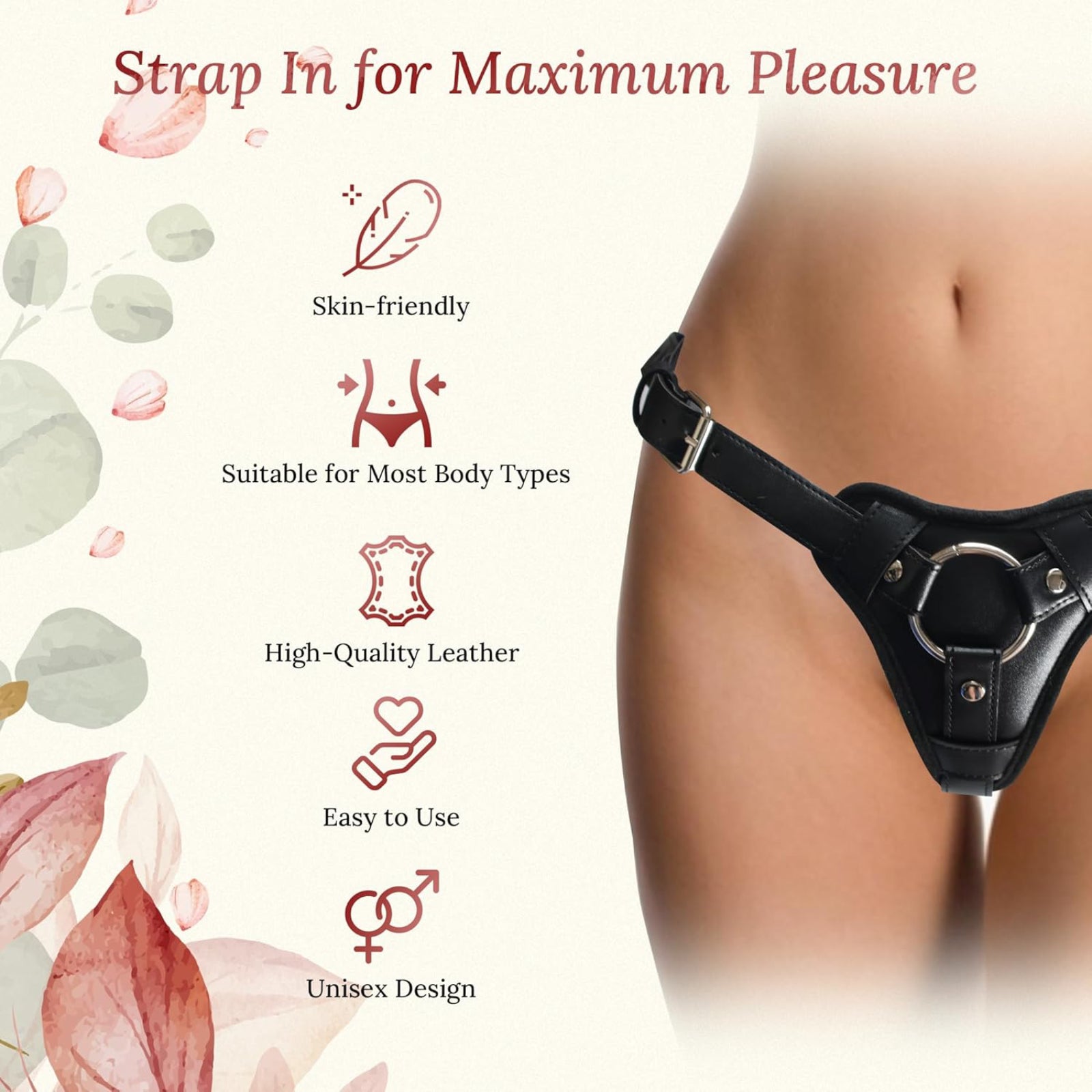 Leather Strap-On Harness - Black - Adjustable Premium Leather Strap-On with Dual O-Rings
