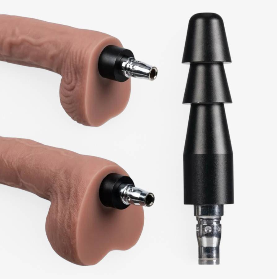 Vac-U-Lock® Compatible Quick Connect Machine Plug Black - shown with realistic silicone dildos - size comparison