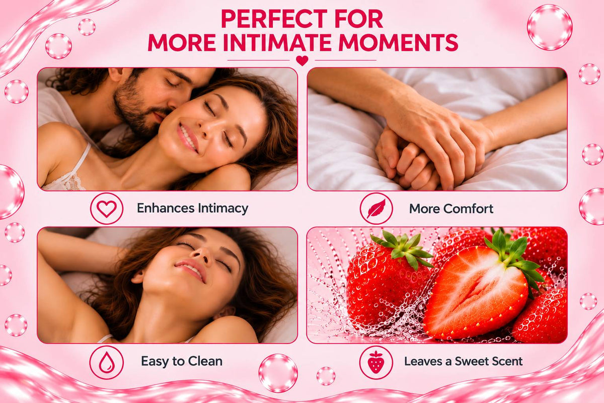 Couple enjoying intimacy with Flavored Water-Based Lube for more comfort and a sweet strawberry scent