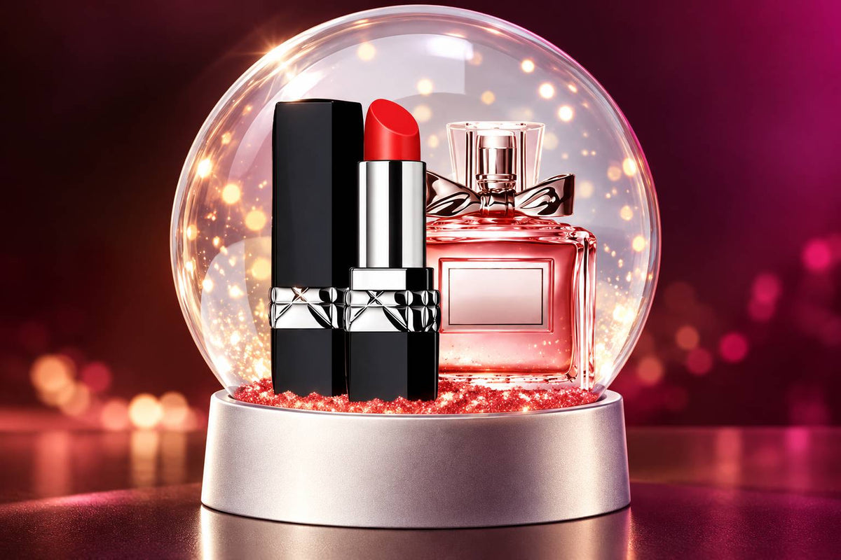 Lipstick Bullet vibrator in a sparkling snow globe next to perfume, discreet lipstick vibrator gift for her