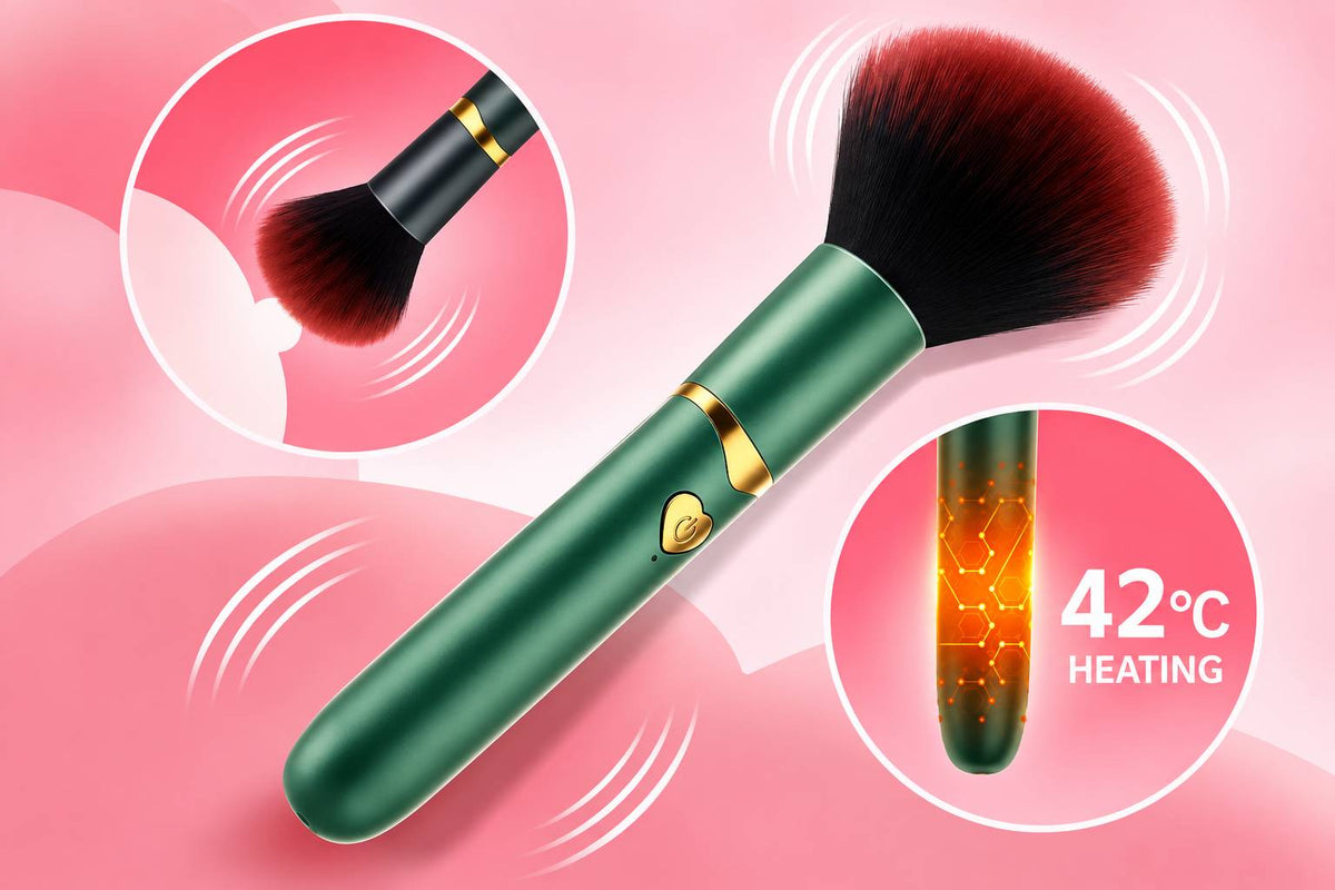 Makeup Brush vibrator with vibrating bristles and 42°C heating bullet tip for clitoral and nipple stimulation