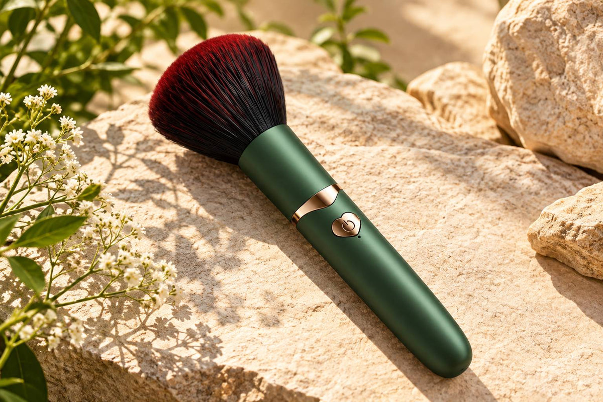 Makeup Brush vibrator with green handle and red bristles on a sunlit stone, discreet makeup brush vibrator for women