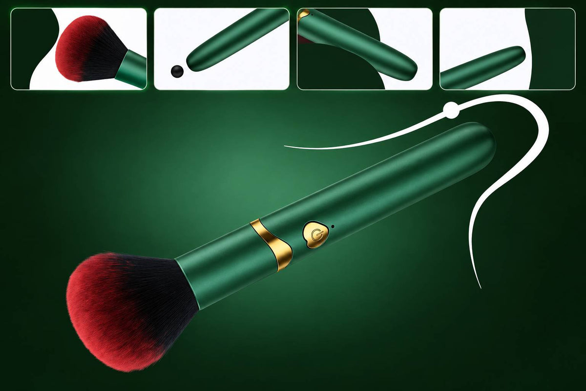 Makeup Brush vibrator shown four ways to use, soft brush for full-body teasing and bullet tip for clitoral and nipple stimulation