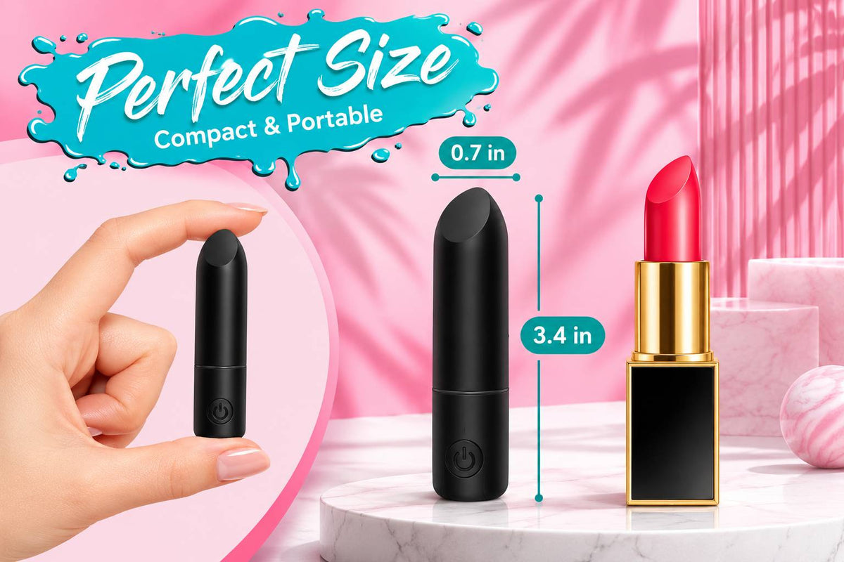 Pocket Bullet 3-3/8 inch mini bullet vibrator shown next to a lipstick for size comparison