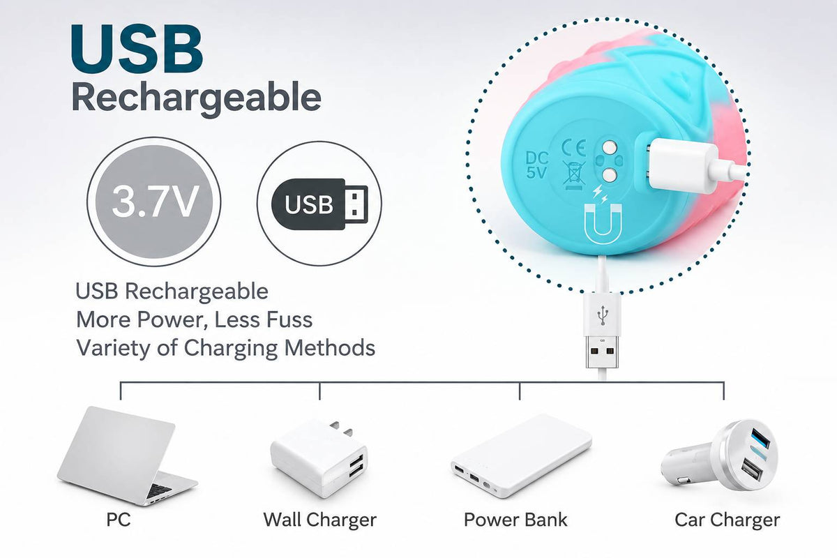 Swirl Vibe magnetic USB rechargeable dildo charging from PC, wall charger, power bank or car charger